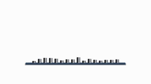 Premium minimal motion graphic of a 16-bar kinetic audio equalizer array with dynamic impact bounce physics and glowing energy pulse rings. Seamless 6-second loop for podcast background, music visuali