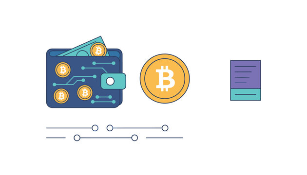 Cryptocurrency digital wallet concept with digital bitcoin coins, block list sheet, and technological circuit lines.