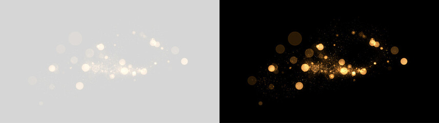 Golden glitter particles trail with bokeh and sparkles. Glowing magic dust effect overlay isolated on transparent and black background. Holiday celebration and luxury design element © Маша ОМЕЛЬЧЕНКО