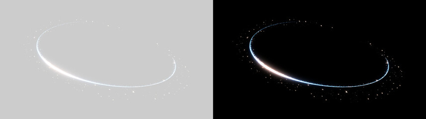 Glowing light ring with magic sparkle trail and glitter particles. Luminous circular energy swirl on transparent and black background. Futuristic neon halo visual effect for design overlay © Маша ОМЕЛЬЧЕНКО