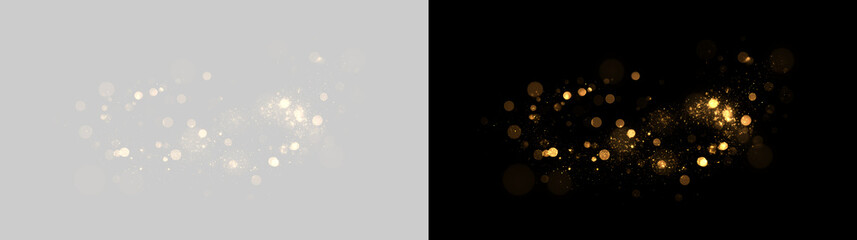 Golden bokeh light effect with glowing glitter particles and magic stardust trail. Shimmering gold sparkle dust overlay on black and transparent background © Маша ОМЕЛЬЧЕНКО