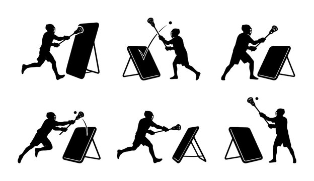 Black lacrosse player silhouettes practicing with rebounder, sport