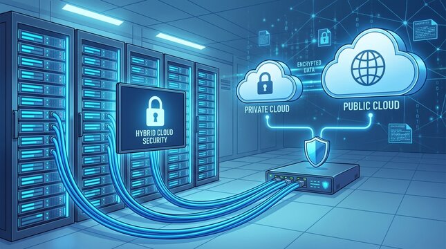 Public and private cloud server infrastructure with cybersecurity protection hologram data center cyber security server racks network security cloud computing digital security server room