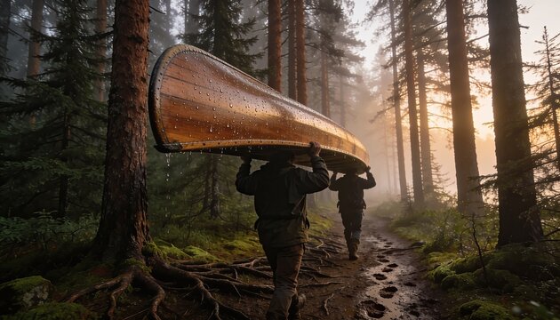 Two people portaging a canoe through a wet forest trail