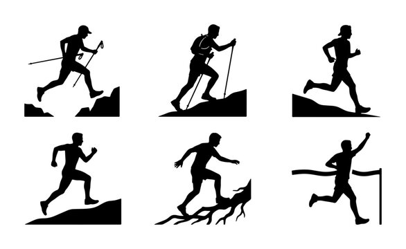 Black silhouettes of runners and hikers, action and victory, sport
