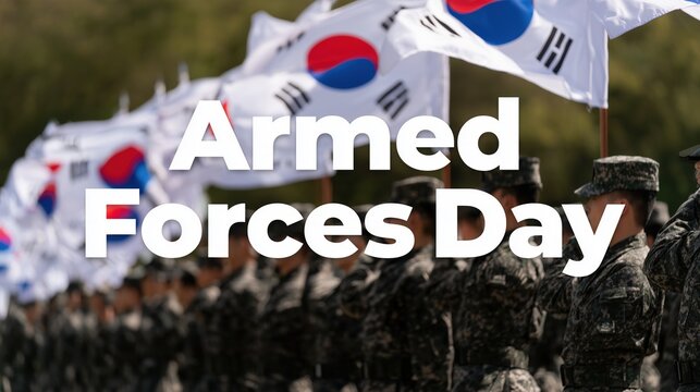 Gukgunui Nal: banner photograph of South Korean soldiers standing in formation with national flags waving, bold clean white text at the top reading "Armed Forces Day"