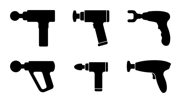 Black massage gun icons, silhouette collection, fitness therapy tools