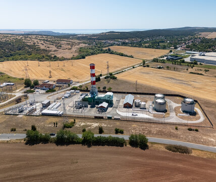 Aerial view of Liter gas turbine plant and substation in rural Hungary