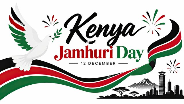 Kenya Jamhuri Day graphic featuring a white dove, Kenyan flag ribbons, fireworks, Mount Kenya, acacia trees, and city skyline.