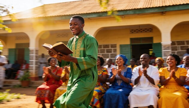 Young African pastor dancing joyfully with gospel book before laughing congregation