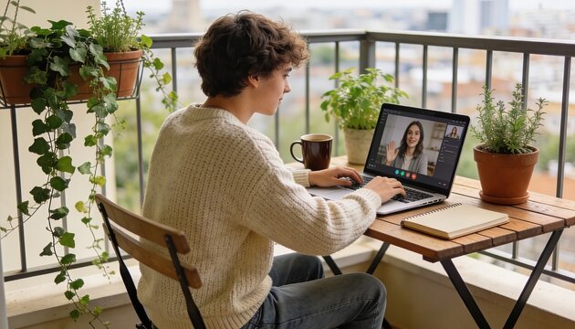 Young person video-calling via laptop while working remotely from cozy home balcony