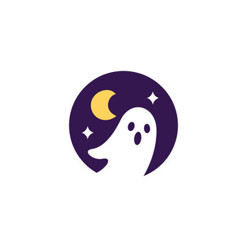 Cute ghost logo inside a dark purple circle with moon and star, ideal for Halloween parties, spooky events, haunted brands, and seasonal designs.