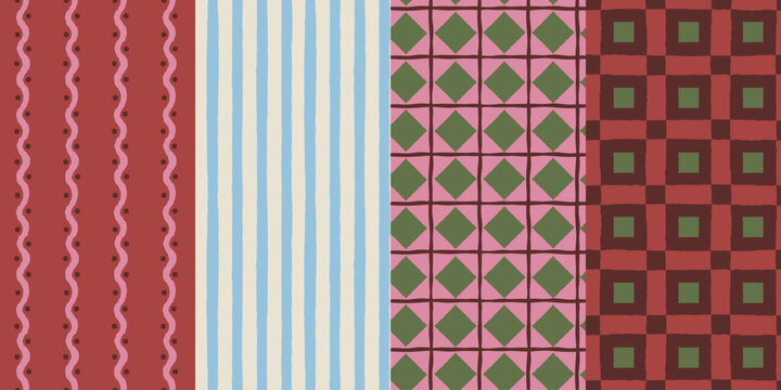 Vector Seamless Christmas pattern with hand-drawn holiday elements, geometric shapes, stars and festive ornaments in a retro color palette