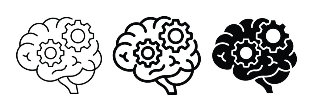 Brain Gears Icons, Thinking Process Vector Art, Cognitive Function Symbols, Mind Machine Concepts