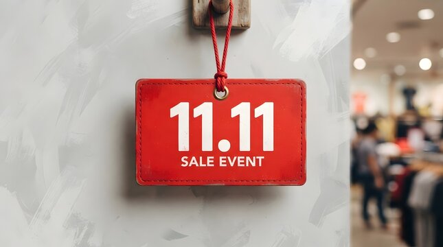 Red sale tag with 1111 text hanging on a wall in a retail store