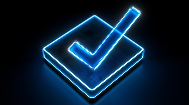 Glowing blue neon checkmark symbol floating above a square shape, representing confirmation and approval, ideal for technology and digital concepts