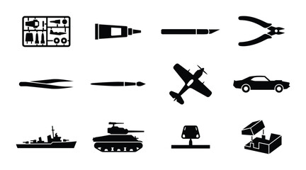 Obraz premium Model Building Tools and Kits Vector Icons, Hobby Craft Supplies, Miniature Vehicle Models, Precision Tools, Crafting Equipment, DIY Assembly Set, Hobbyist Gear, Creative Projects