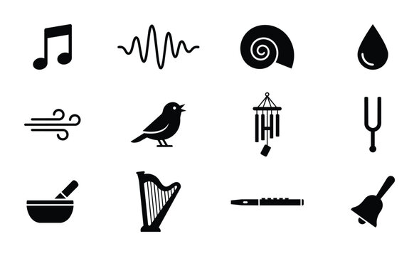 Sound and Music Icons Collection: Musical Notes, Waves, Shell, Drop, Wind, Bird, Chimes, Tuning Fork, Mortar Pestle, Harp, Flute, Bell Vector Graphics