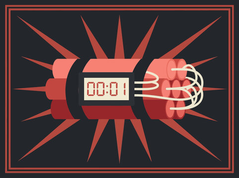 Vector illustration of a red dynamite time bomb with a digital timer showing one second remaining on a dark, spiked background.