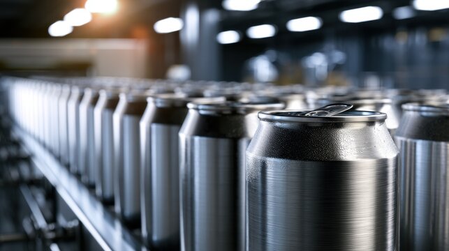 Row of cold metal beverage cans on industrial conveyor belt in modern factory with focus on the front can and blurred background lighting