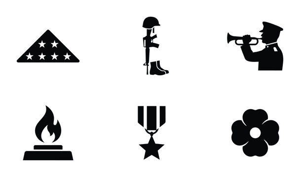 Patriotic Memorial Icons Set, Military Remembrance Symbols, American Flag Folded, Bugler Silhouette, Fallen Soldier, Eternal Flame, Poppy Flower, Military Medal
