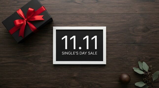 Singles day 1111 sale sign in a white frame with a black gift box on a dark wooden surface