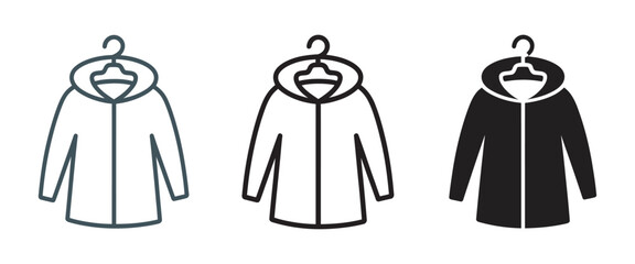 Hooded jacket icon set, parka and raincoat on hanger, outerwear clothing symbols, winter apparel, waterproof fashion, editable vector graphic design © Arif __H