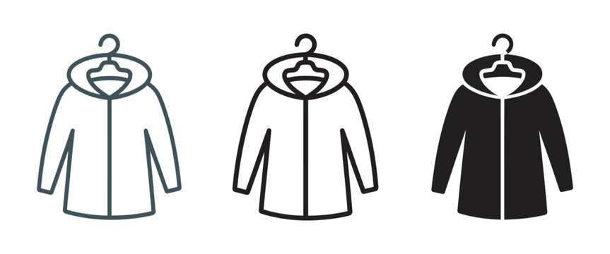 Hooded jacket icon set, parka and raincoat on hanger, outerwear clothing symbols, winter apparel, waterproof fashion, editable vector graphic design