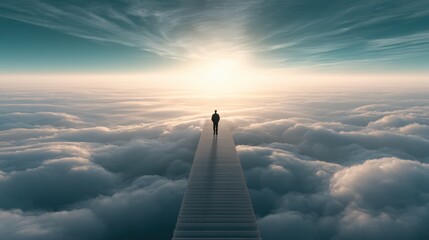 Obraz premium A solitary figure standing on a long walkway above the clouds facing a radiant horizon with a swirling sky, symbolizing contemplation and endless possibilities