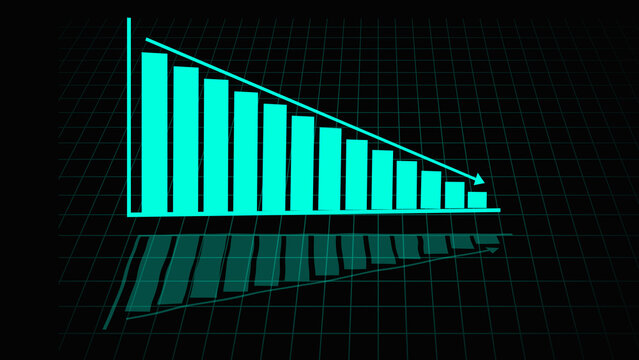 Teal Bar Chart with Downward Trend and Reflection on Dark Grid Background graph decline