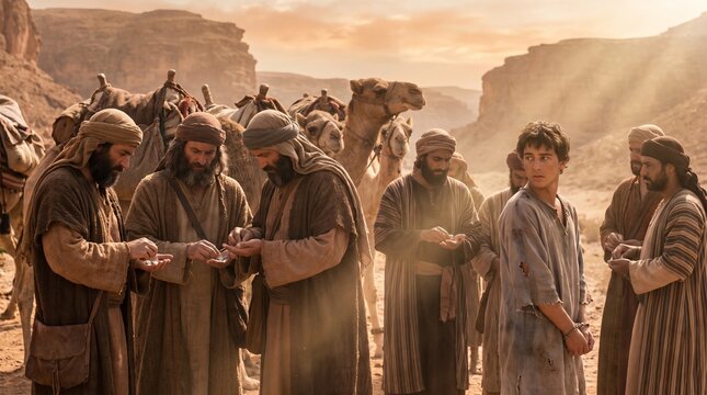 Brothers of Joseph count silver coins in a desert canyon as bound Joseph looks back during the sale of Joseph into Egypt in a biblical scene.