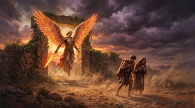Archangel with a flaming sword bars the gate of Eden as Adam and Eve depart in sorrow during the Expulsion from Paradise in an Old Testament biblical scene.