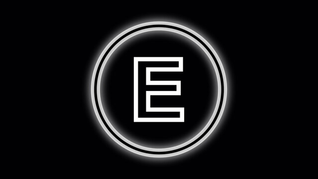 White letter E inside a glowing double circle on black background alphabet character