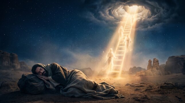 Jacob rests on a desert stone as luminous angels ascend a radiant stairway into an open heavenly portal during Jacob's Dream in a biblical scene.