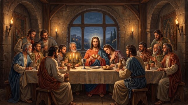 Jesus Christ blesses the bread among his twelve apostles in the Cenacle during The Last Supper in a New Testament biblical scene.