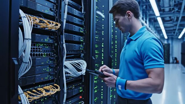 Technician inspects server racks with a digital tablet in a data center environment datacenter technology inspection monitoring maintenance