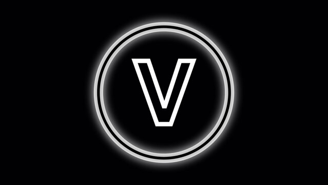 Neon letter V inside a glowing circle on black background alphabet character