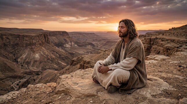 Jesus Christ sits in quiet contemplative prayer on a rocky precipice during his forty days of fasting in the Judean desert at sunset.