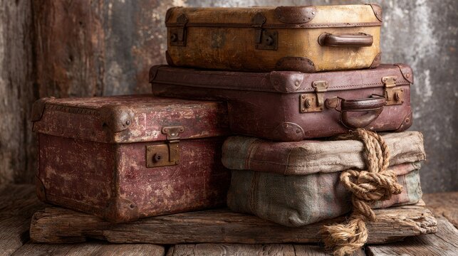 Vintage luggage stack with rope detail