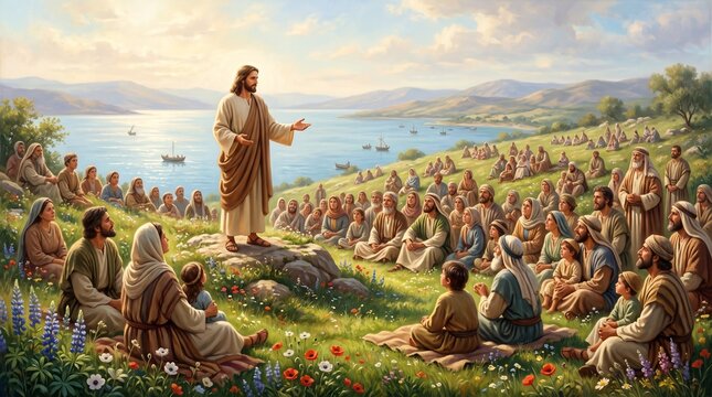 Jesus Christ preaches the Beatitudes to a gathered crowd on a flowering hillside during the Sermon on the Mount in a New Testament biblical scene.