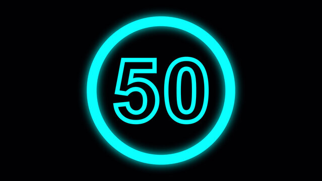 Glowing cyan number 50 inside a neon circle on a black background digit numeral