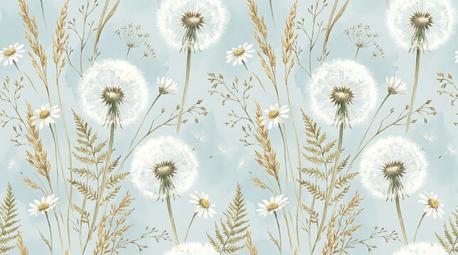 Watercolor dandelions and wildflowers on blue background