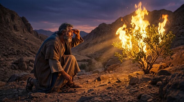 Moses kneels and removes his sandals while gazing at the miraculously burning bush on Mount Sinai in an Old Testament biblical scene.