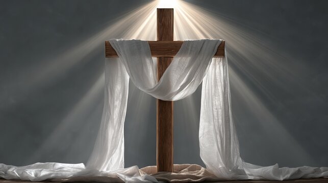 Wooden cross draped with flowing white fabric radiates spiritual light, symbolizing faith, hope, and divine grace, concept for religious celebration
