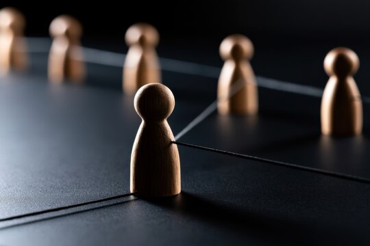 Wooden figures connected by strings on a dark surface symbolize networking, team collaboration, and social connections in a conceptual arrangement