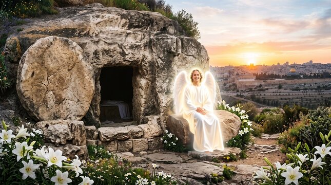 Radiant angel in white robes sits beside the empty tomb with the stone rolled away overlooking Jerusalem during the Resurrection at dawn.