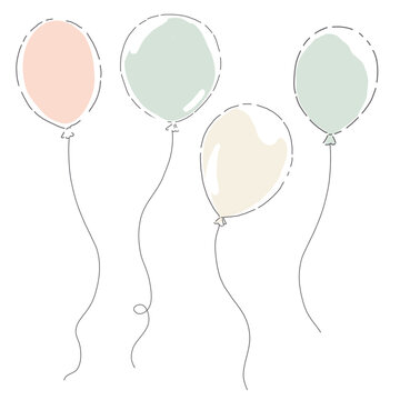 Pastel Balloons Vector Set for Baby Shower, Cute Hand Drawn Party Decoration in Soft Pink, Blue and Cream Colors