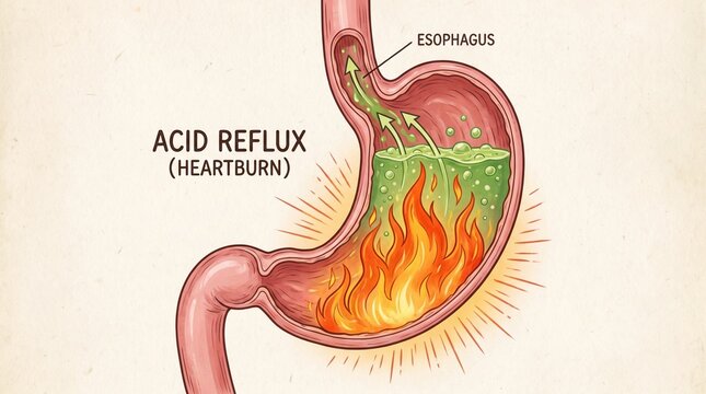 Anatomy Illustration of Heartburn Acid Reflux with Stomach Fire