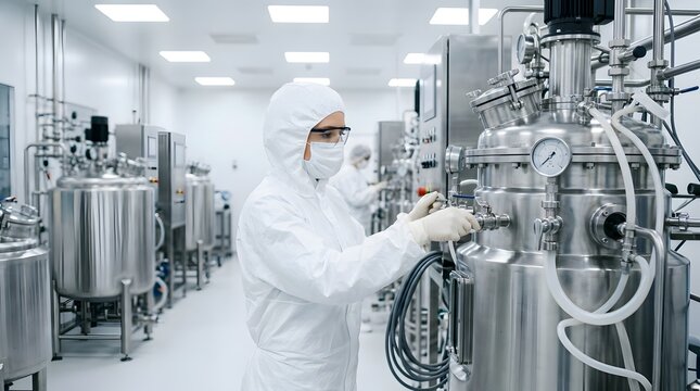 Scientist in cleanroom suit operating stainless steel equipment