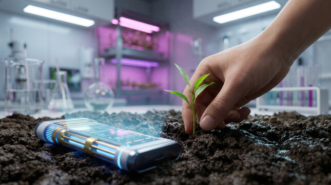 Researcher planting young seedling beside AI soil scanner in agricultural lab